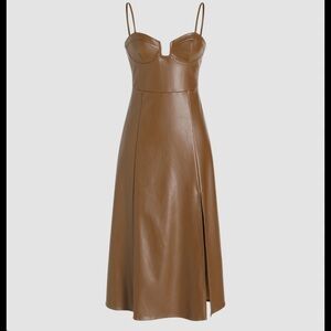 FAUX LEATHER SOLID CAMI MIDI PLEATED SPLIT DRESS